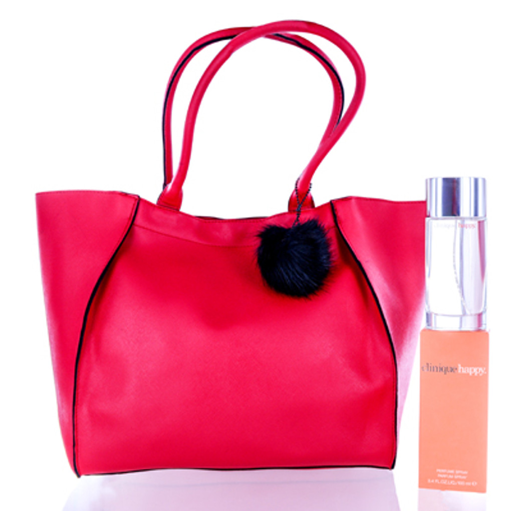  HAPPY/CLINIQUE SET (W) HAPPY PERFUME SPRAY 3.4 OZ TOTE BAG - RED (WITH ACRYLIC FAUX FUR POM POM KEYCHAIN)