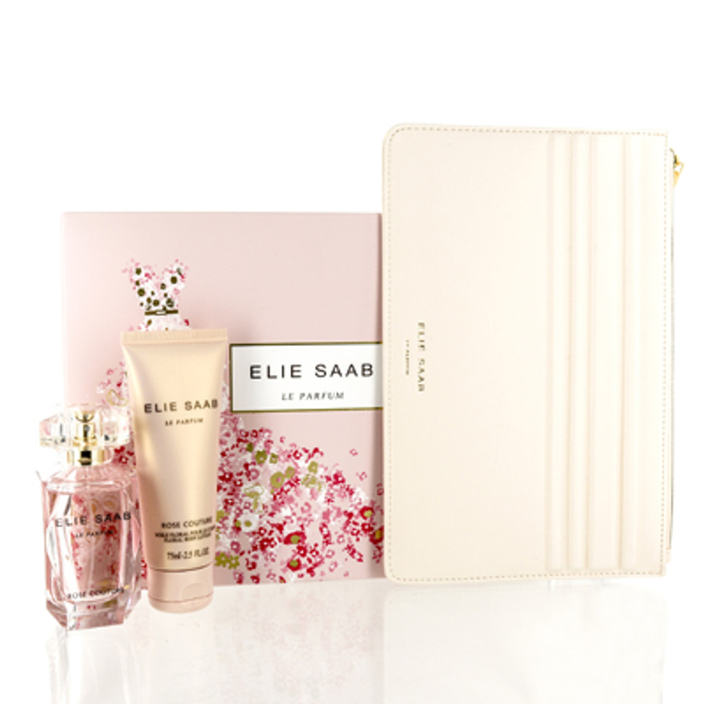 Le parfum rose couture/elie saab set (w) edt spray 1,6 oz lotion pour le corps 2,5 oz elie saab pochette ivoire dans une boîte cadeau