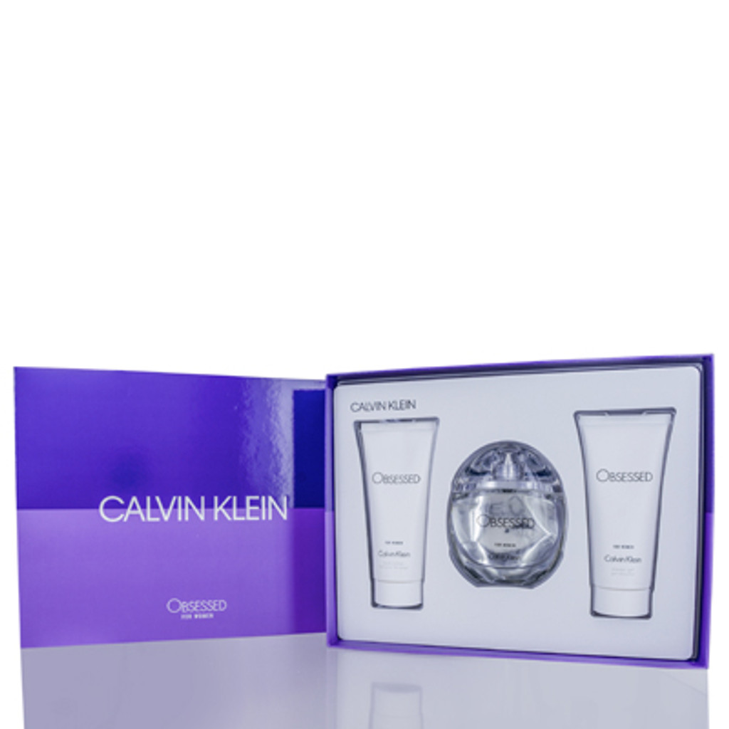  Obsessed/calvin klein set (w) eau de parfum spray 3,4 oz gel douche 3,4 oz lotion pour le corps 3,4 oz dans une boîte de présentation