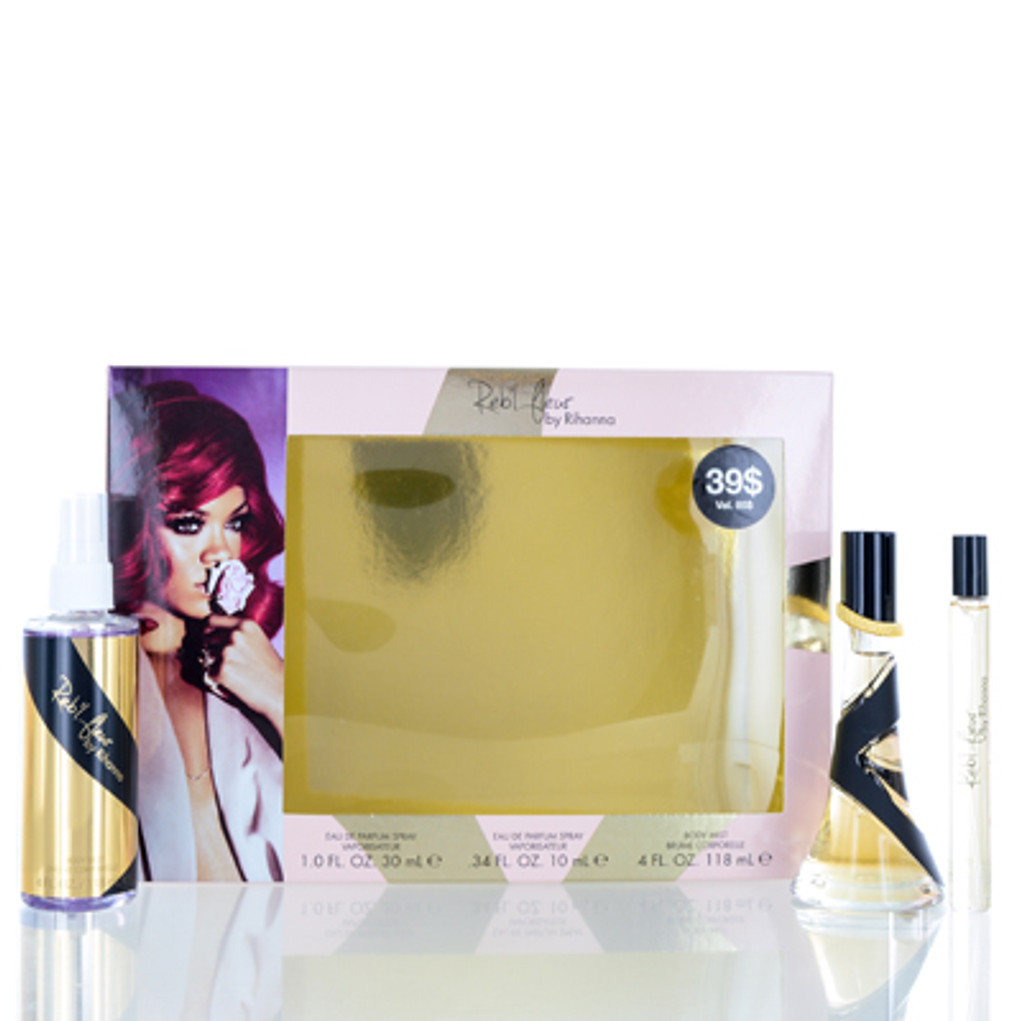  Rihanna reb'l fleur/rihanna set (w) edp spray 1.0 oz edp spray mini 0.34 oz body mist spray 4.0 oz in geschenkverpakking 