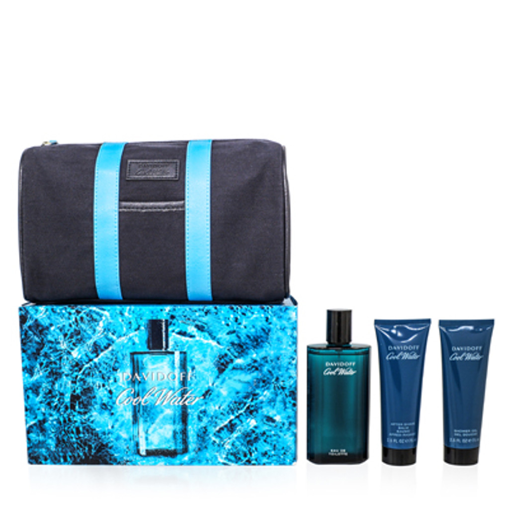  Coolwater men/davidoff set (m) spray edt 4,2 onças bálsamo pós-barba 2,5 onças gel de banho 2,5 onças bolsa higiênica azul marinho
