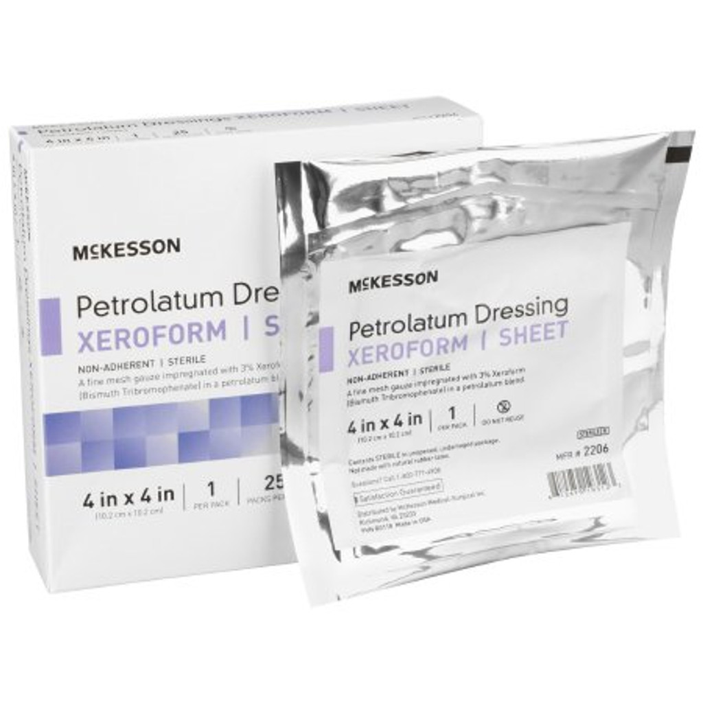 MCK McKesson Xeroform Petrolatum imprægneret forbinding Firkantet 4 X 4 tommer steril æske med 25 stk.