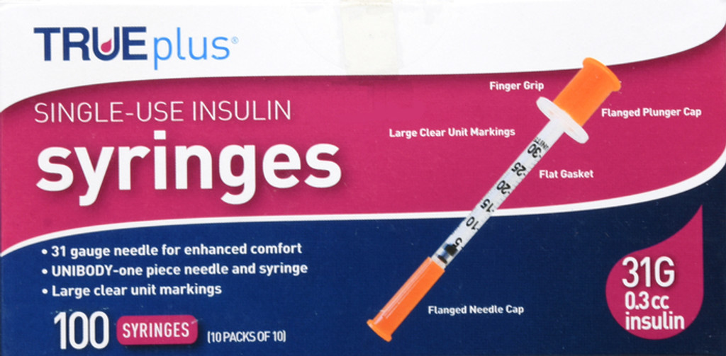 TRUEPLUS SYRINGE 5/16 INCH 31 G X 3/10 CC Insulin syringe-needle disposable 0.3 mL 100 CT