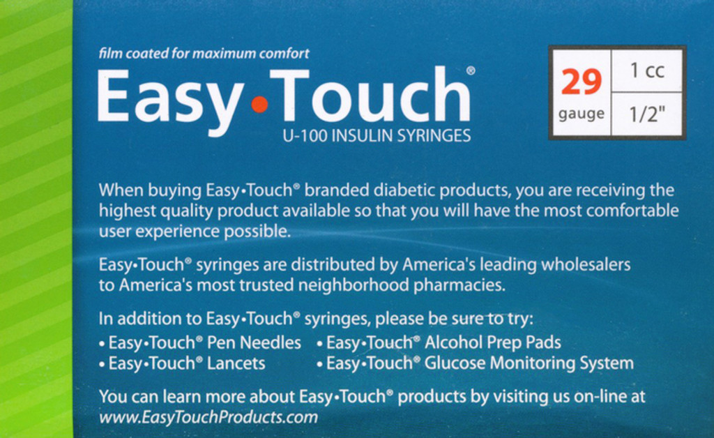 EasyTouch U-100-29G Insulin Syringes 1cc/mL 1/2" Box of 100