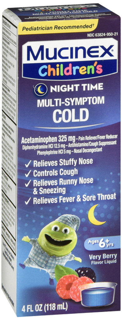 Mucinex Liquide froid multi-symptômes nocturnes pour enfants, baies mélangées, 4 oz