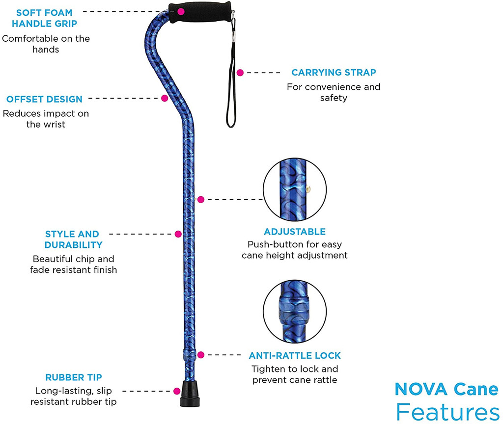 Bastón para caminar de diseño NOVA "Pink Garden" con mango desplazado, bastón ligero ajustable con correa de transporte