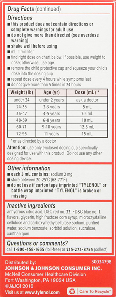 Tylenol orale suspensiemedicijn voor kinderen, paracetamol pijnstiller en koortsverlager voor verkoudheid + griepsymptomen en keelpijn Aspirine Ibuprofen en alcoholvrije druif 4 fl. oz. oz