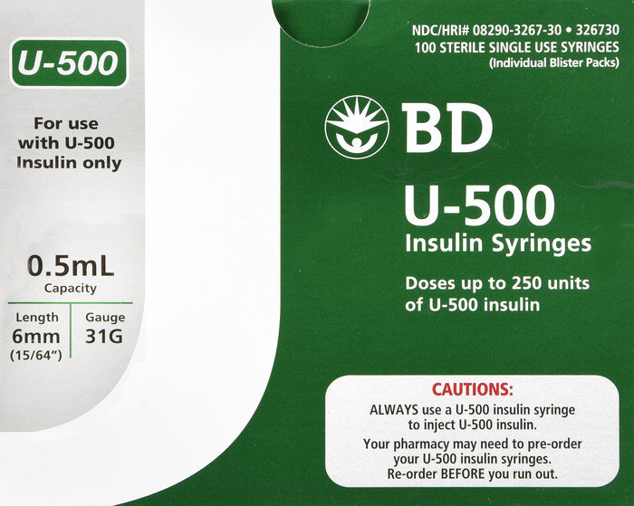 BD U500 Insulin Syringes 6mm x 31G 1/2 mL/cc 100 Counts 326730