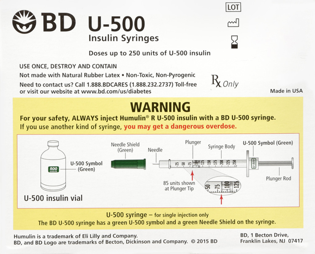 Seringas de insulina BD U-500 6mm x 31G 1/2 mL/cc 100 contagens #326730