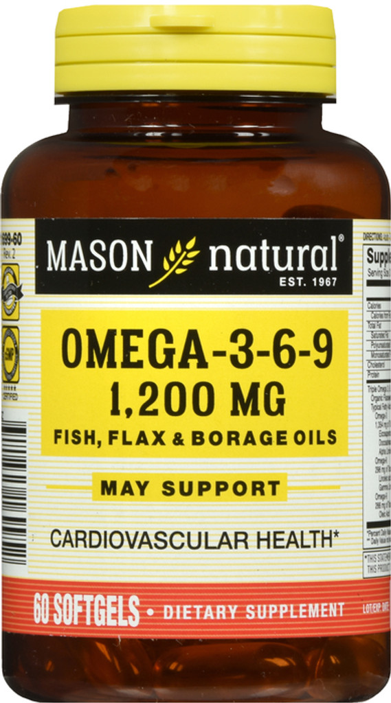 Mason Naturals Omega 3-6-9 aceite de pescado-lino-aceite de borraja 1200 mcg 60 Cápsulas Blandas Salud Cardiovascular