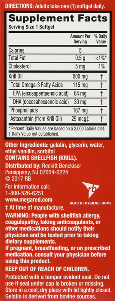 Omega-3 krilliöljy 500mg Megared Extra Strength softgels 40 count krilliöljy Ei kalan jälkimakua 