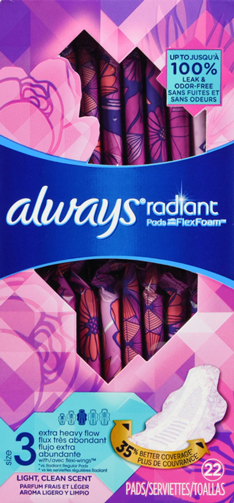 Always Radiant Pads Size 3 Extra Heavy Flow Absorbency Scented 3 X 22 Count