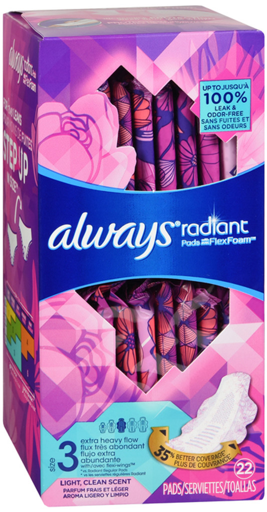 Always Radiant Pads Size 3 Extra Heavy Flow Absorbency Scented 3 X 22 Count