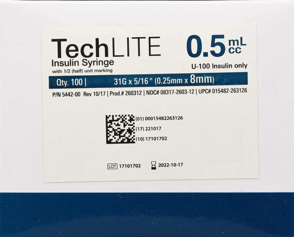 TechLITE Insulin syringes 31 G X 8 MM 0.5 ML 100 Counts