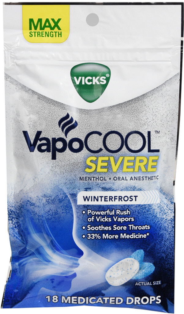 Vicks VapoCOOL SEVERE Gouttes médicamenteuses 18 unités, soulagement de puissance maximale pour apaiser les maux de gorge