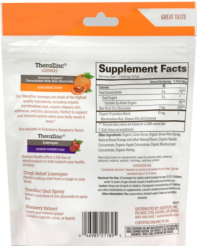 Quantum Health TheraZinc Blood Orange Lozenges, Immune Support in Tasty USDA Organic Drops for Cough Relief, Bagged 18 Ct 