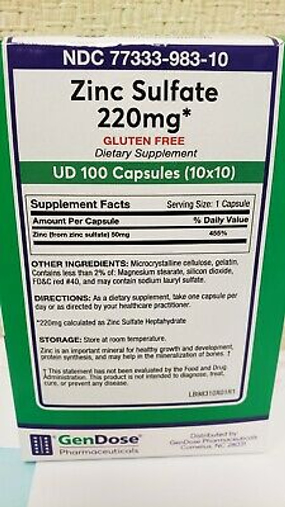 Gendose Pharma Zinc Sulfate 220mg Capsules 100 Count