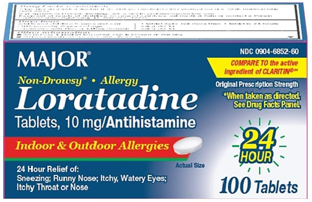 Major Loratadine Tablets 10 mg/Antihistamine Indoor & Outdoor Allergies 24 Hour 100 Tablets