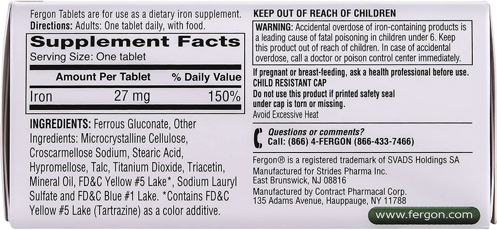Fergon Ferro de alta potência altamente solúvel e facilmente digerido 27 mg Ferro 100 comprimidos