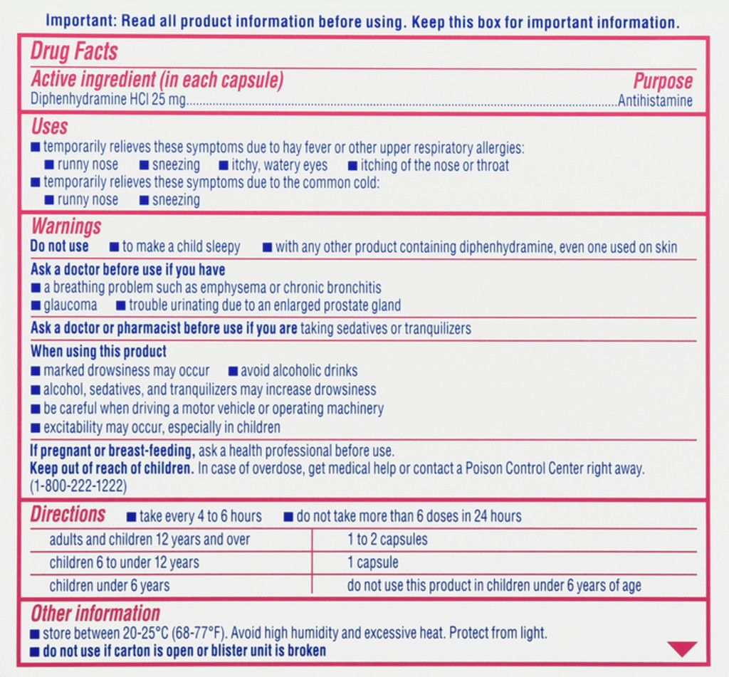 Benadryl liqui-gels antihistamin allergi medisin og kuldelindring fargestoff fri 24 teller