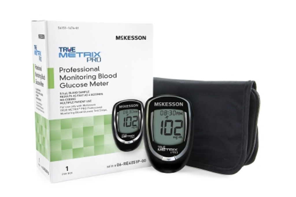 Blodsukkermåler McKesson TRUE METRIX® PRO 4 sekunders resultater gemmer op til 500 resultater med automatisk kodning af dato og klokkeslæt
