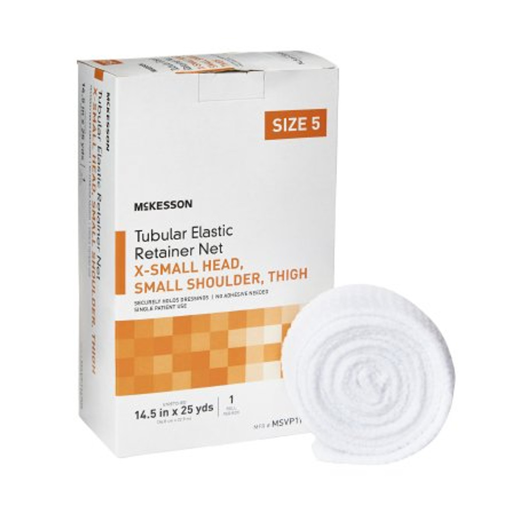 Retentor de rede elástica curativo elástico tubular mckesson 14-1/2 polegada x 25 jardas tamanho 5 branco x-cabeça pequena/ombro pequeno/coxa não estéril
