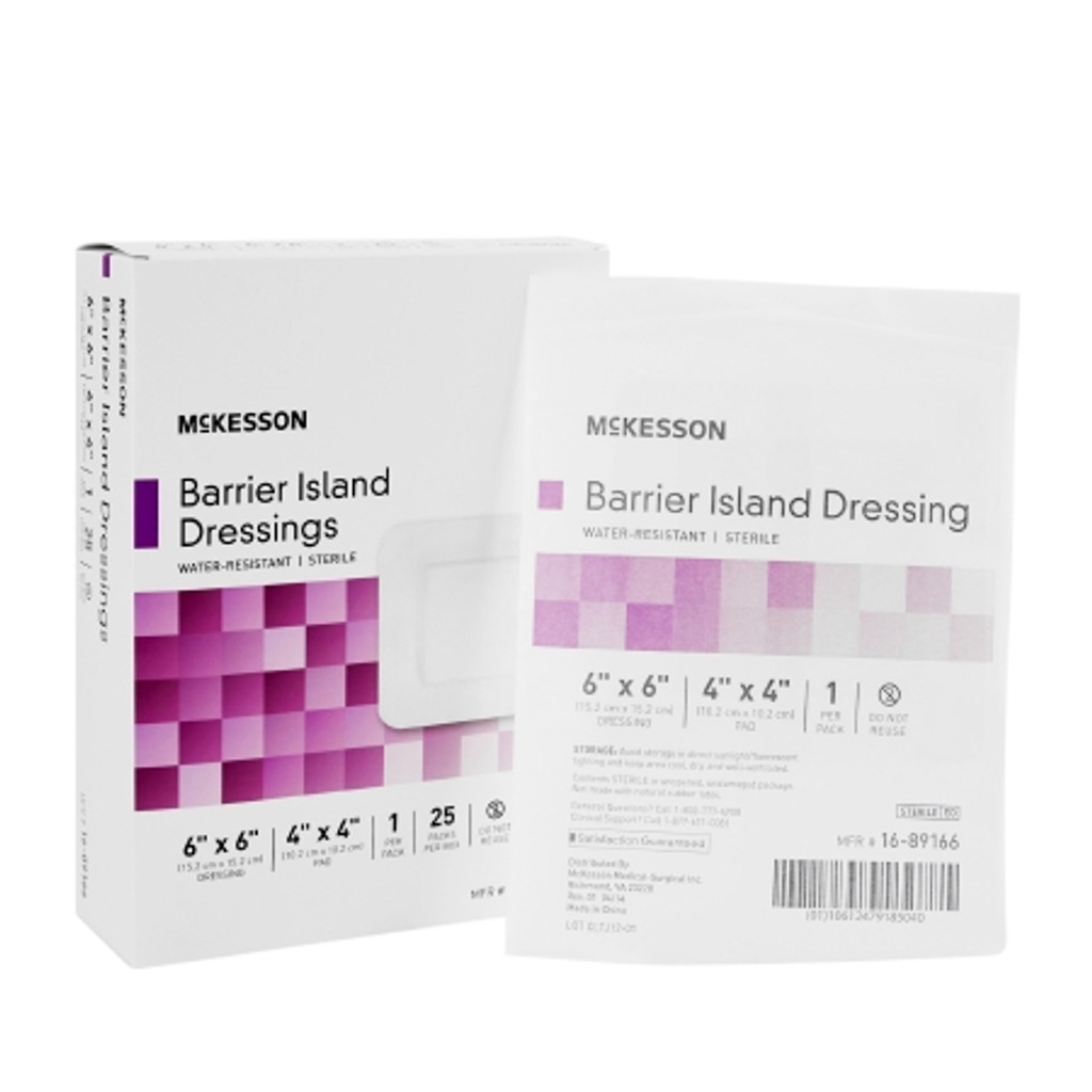 Composite Barrier Island Dressing McKesson Water Resistant 6 X 6 Inch Polypropylene / Rayon 4 X 4 Inch Pad Sterile
