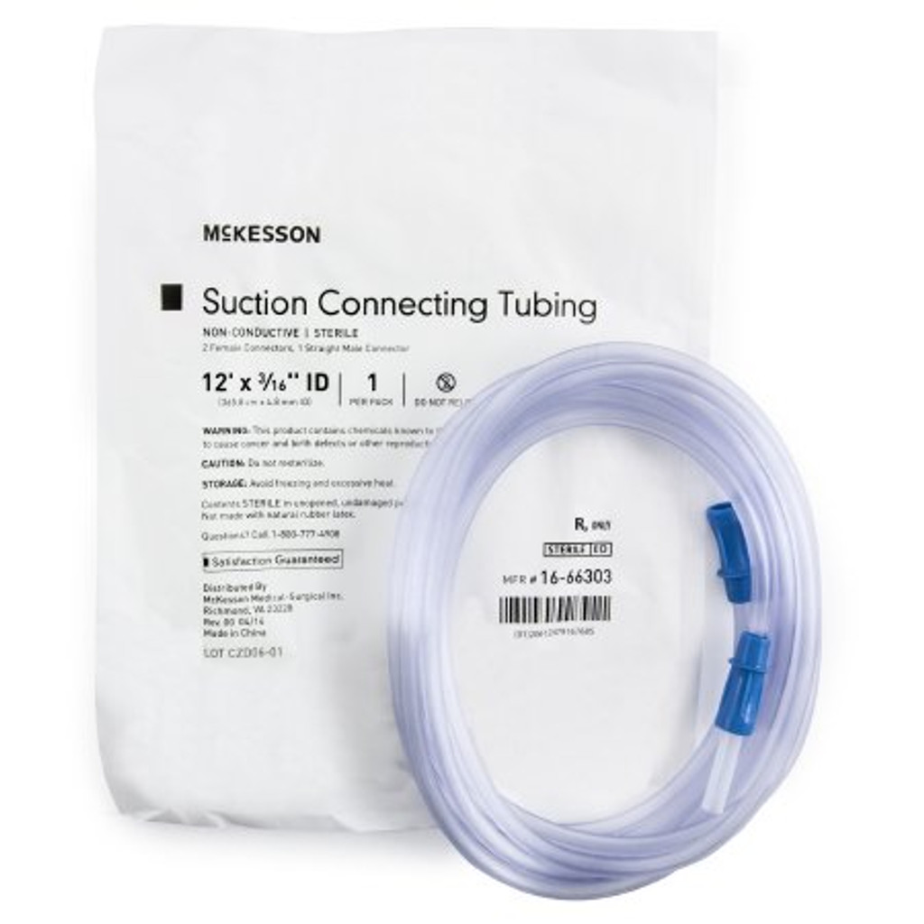 Suction Connector Tubing McKesson 12 Foot Length 0.188 Inch I.D. Sterile Female / Male Connector Clear Ribbed OT Surface PVC
