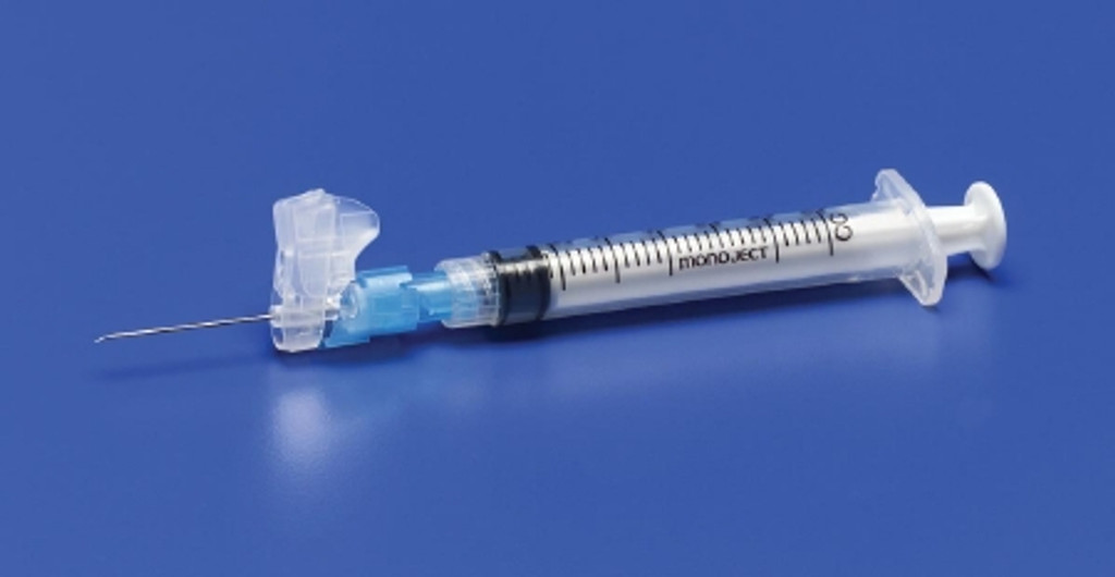 Sprøjte med hypodermisk nål Monoject™ Magellan™ 1 mL 25 gauge 1 tomme fastgjort nål glidende sikkerhedsnål