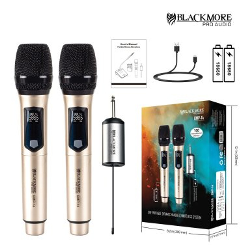 Blackmore pro audio bmp-14 dobbelt håndholdt genopladeligt trådløst uhf mikrofonsystem