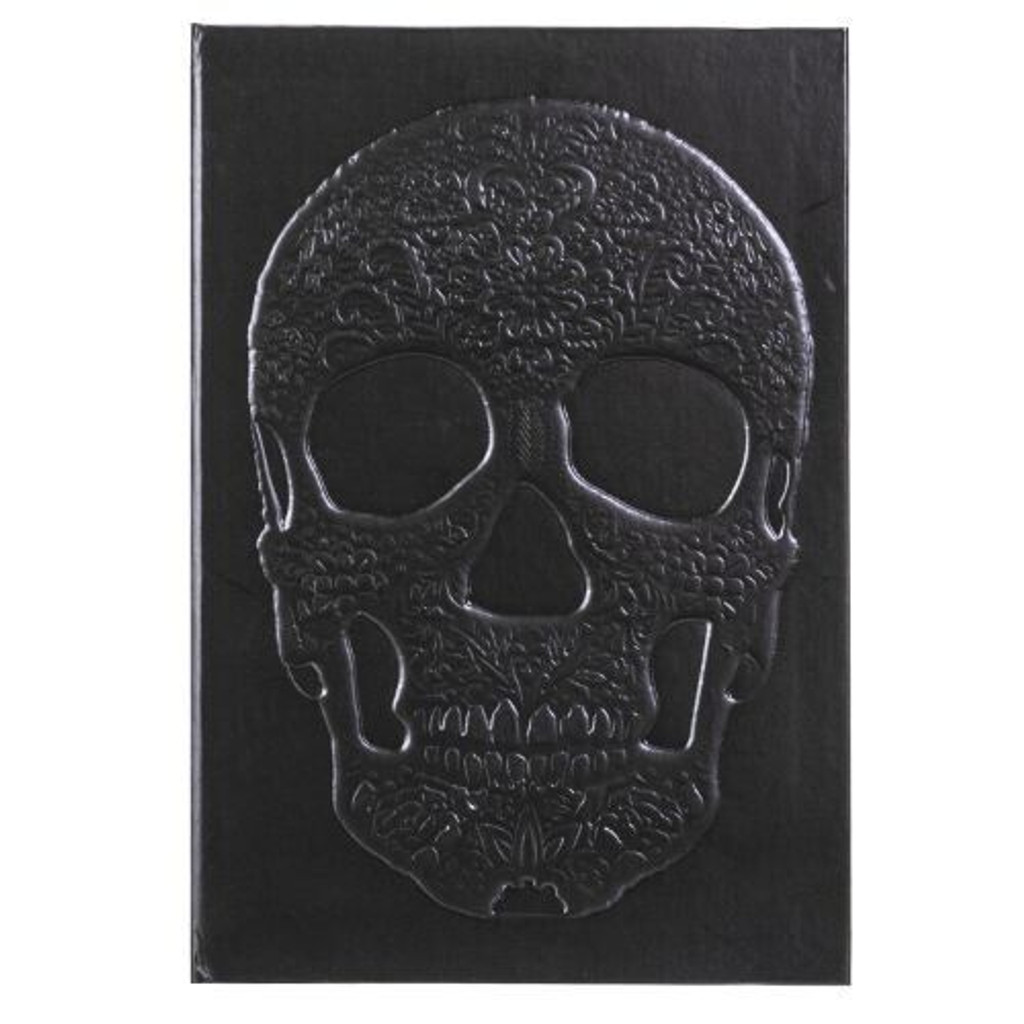 Notizbuch mit festem Einband und Totenkopf-Motiv, schwarz, mit Blumenmuster, blanko
