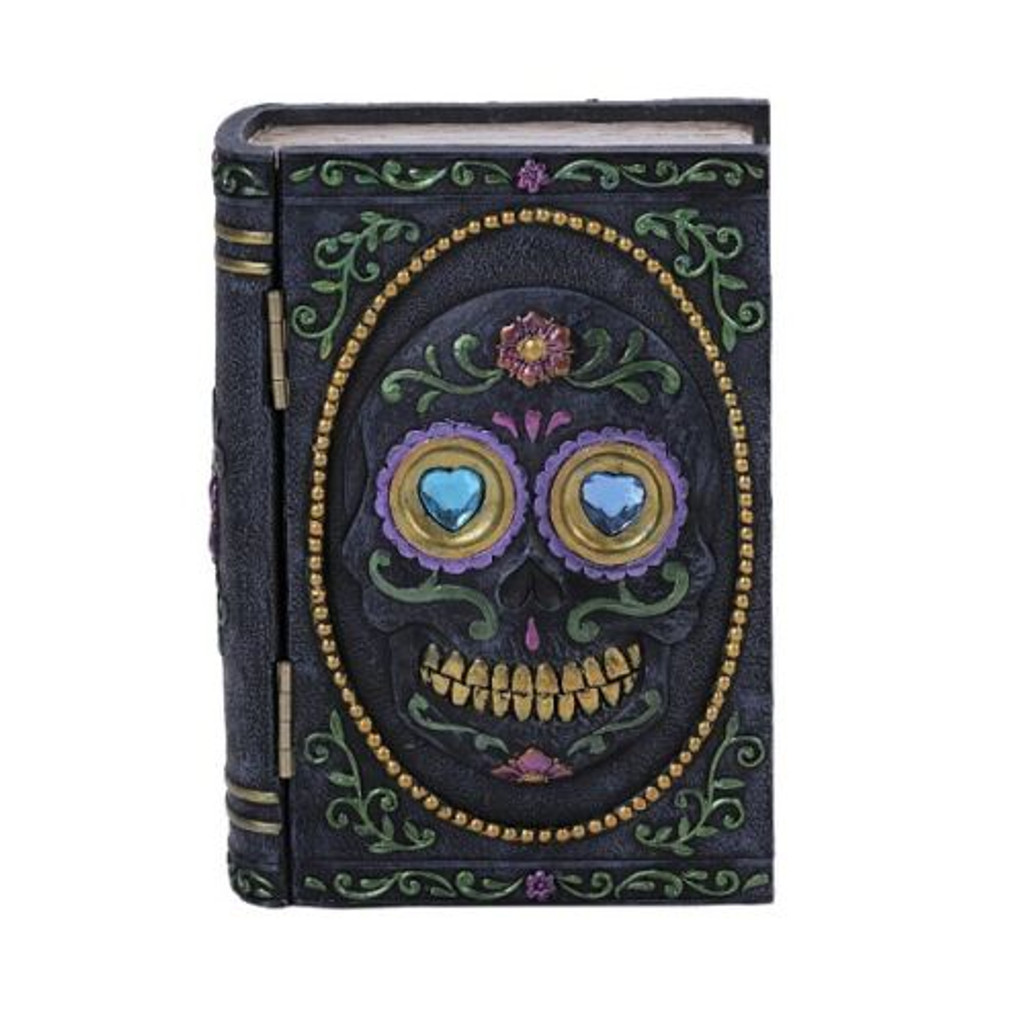 PT Day of the Dead Totenkopfbuch-Schmuckkästchen aus Kunstharz mit Deckel