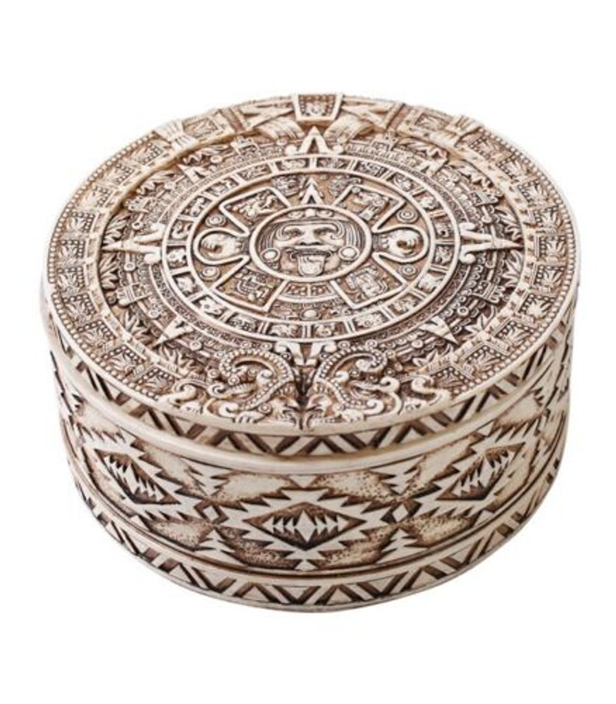 PT Caja redonda de resina con diseño/estilo azteca con tapa