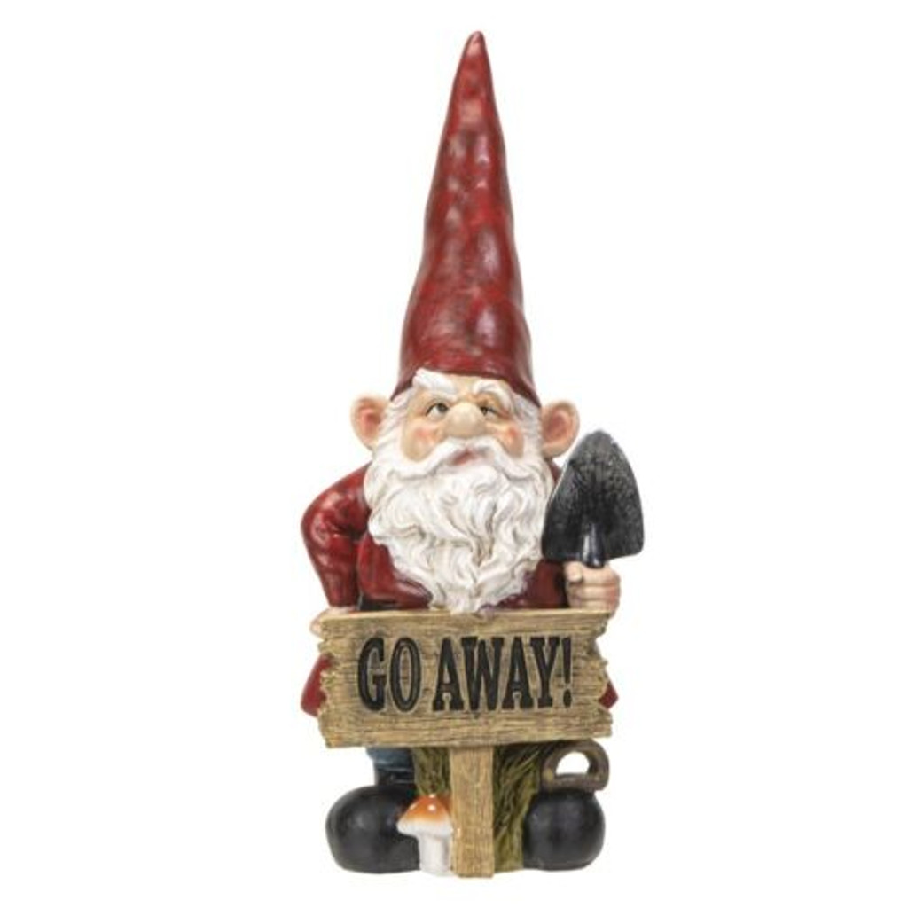 PT Hand Painted Resin Garden Gnome with "Go Away!" Sign