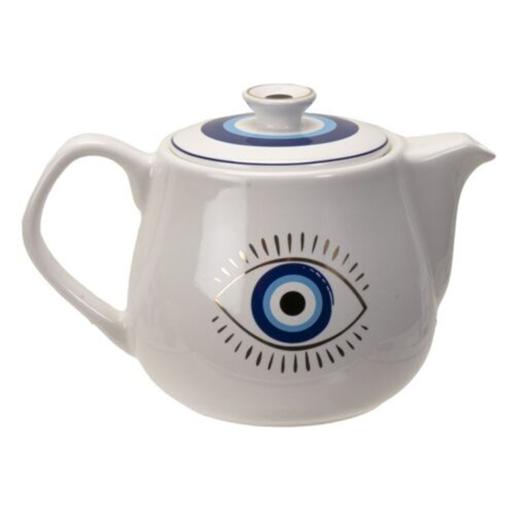 PT White and Blue Evil Eye 18 oz Stoneware/Glaze Tea Pot