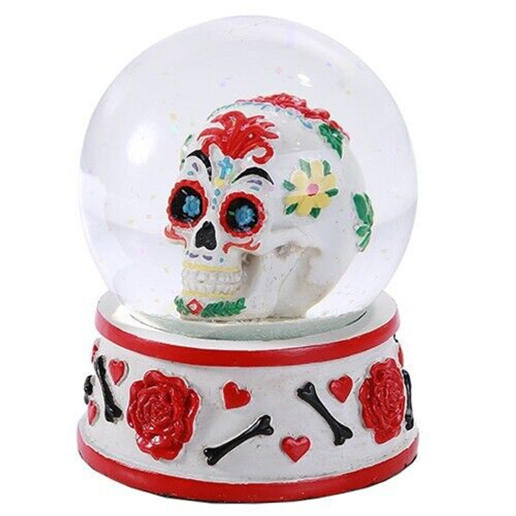 PT Day of the Dead Hand Painted Sugar Skull Glitter Water Glass Globe