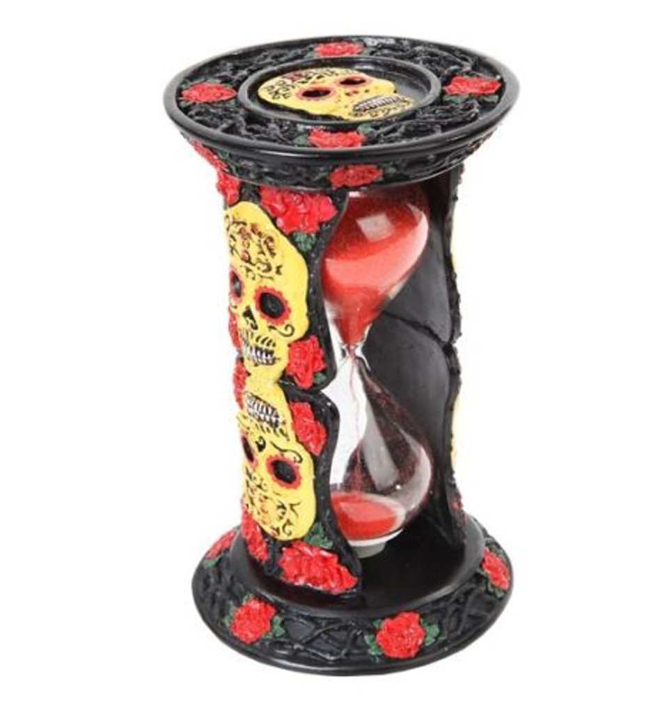 PT Day of the Dead Skull and Rose Black Sand timer with Red Sand