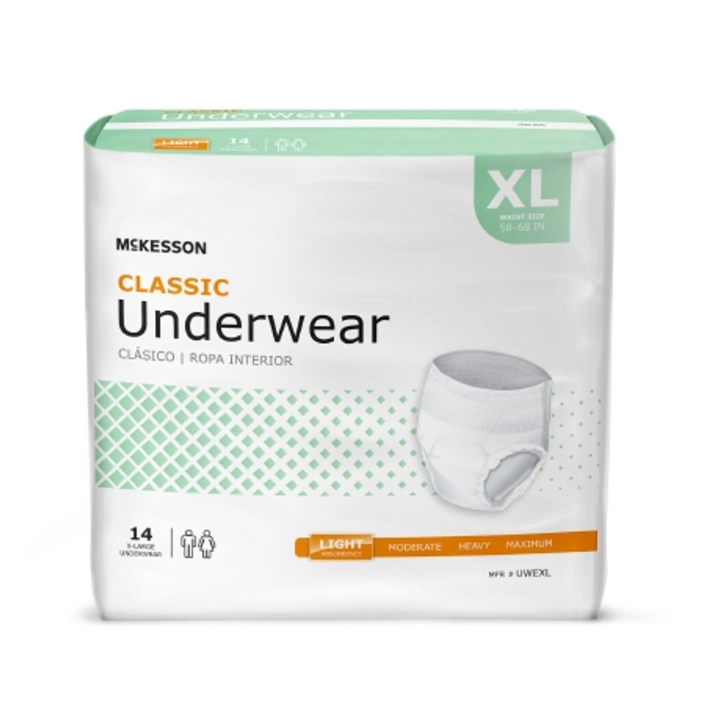 Roupa íntima absorvente unissex para adultos McKesson Classic Pull On com costuras rasgáveis ​​X-Grande Absorção de luz descartável
