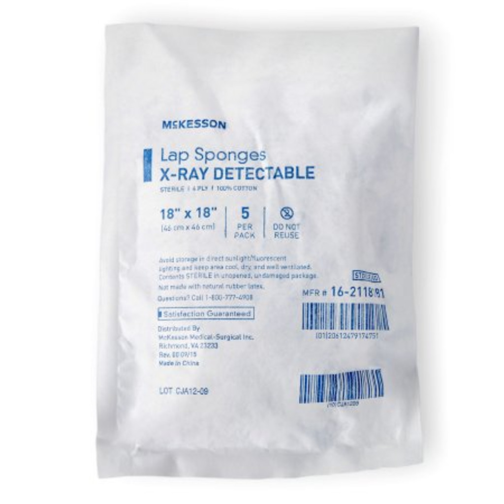 Surgical Laparotomy Sponge McKesson X-Ray Detectable Cotton 18 X 18 Inch 5 Count Soft Pack Sterile
