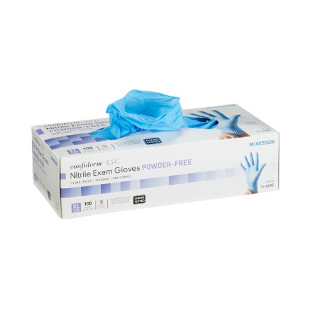 Onderzoekshandschoen mckesson confiderm® 4.5c x-large niet-steriel nitril standaard manchetlengte getextureerde vingertoppen blauw chemo getest
