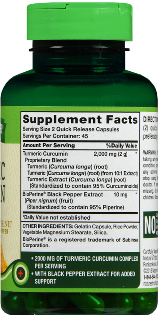 Nature's Truth Complexe de curcumine de curcuma 2000 mg plus extrait de poivre noir 90 capsules à libération rapide