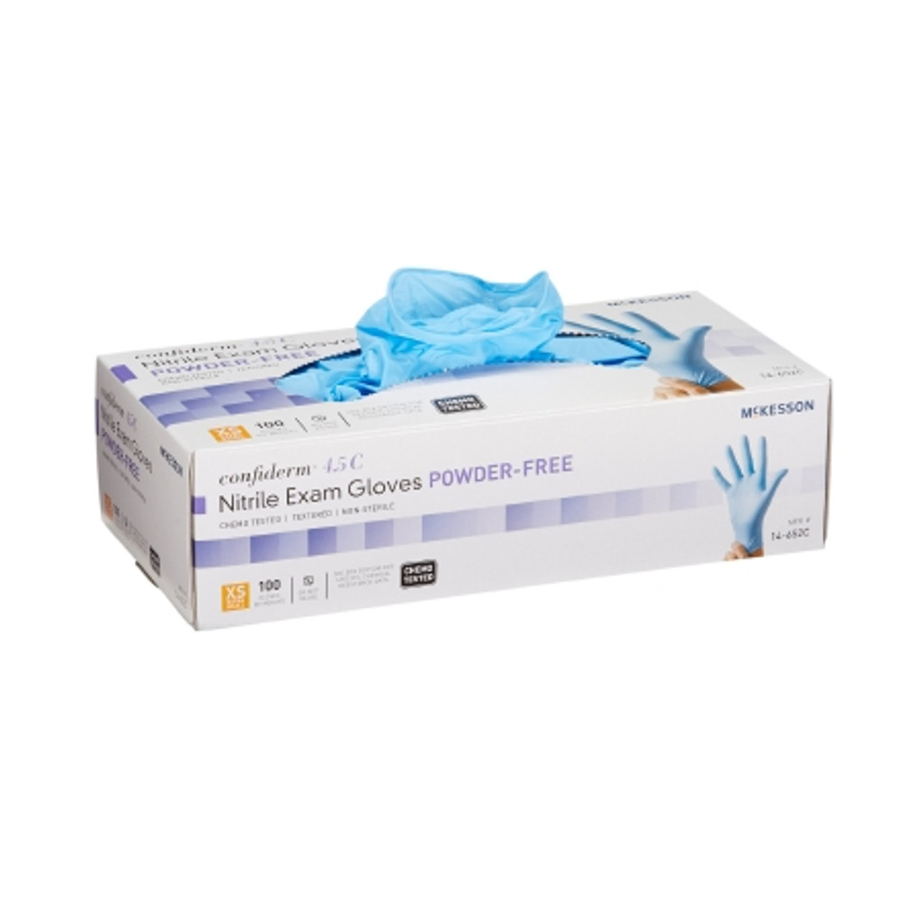 Gant d'examen mckesson confiderm® 4.5c x-small nitrile non stérile longueur de manchette standard bouts de doigts texturés bleu testé chimio
