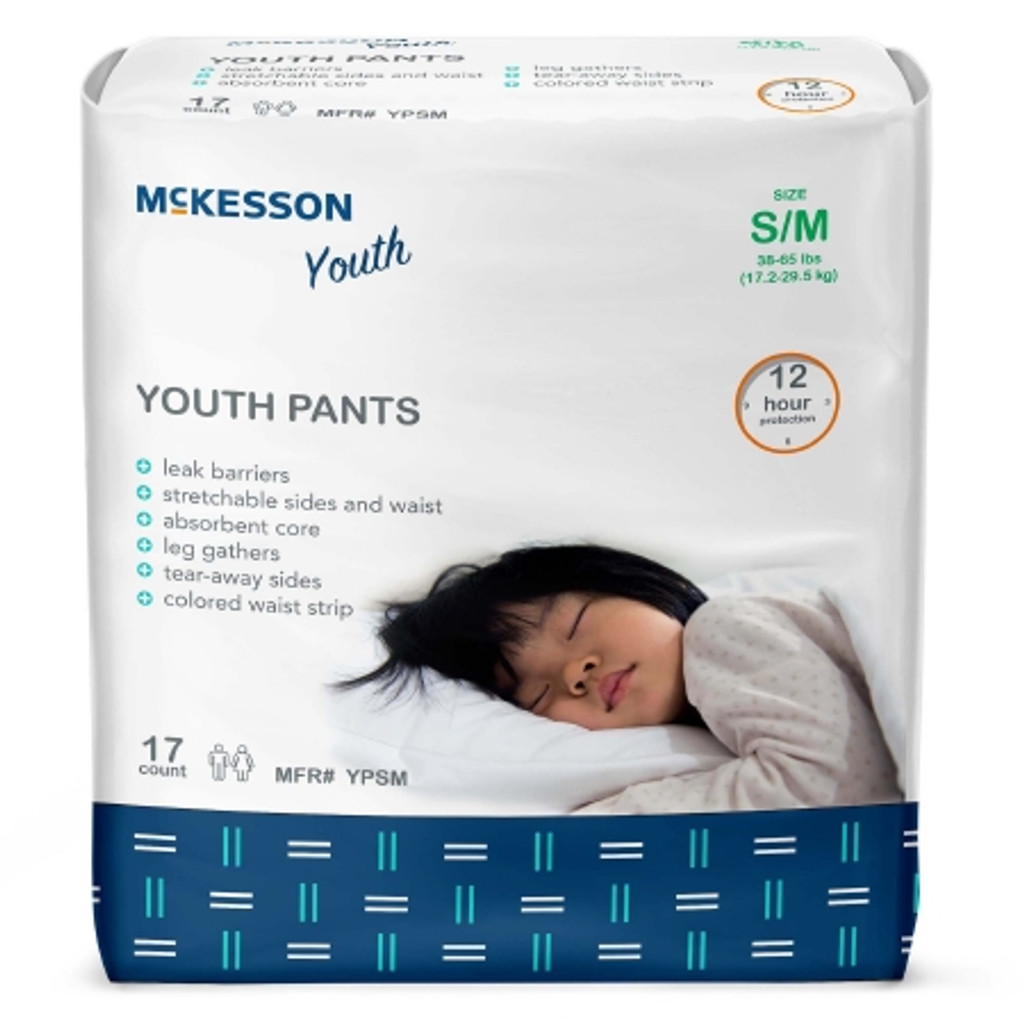 Roupa íntima absorvente unissex para jovens, McKesson, puxar com costuras rasgáveis, absorção pesada descartável pequena/média
