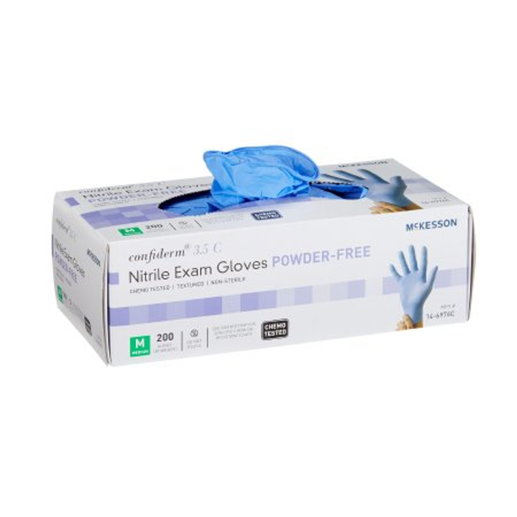 Exam Glove McKesson Confiderm® 3.5C Medium NonSterile Nitrile Standard Cuff Length Textured Fingertips Blue Chemo Tested
