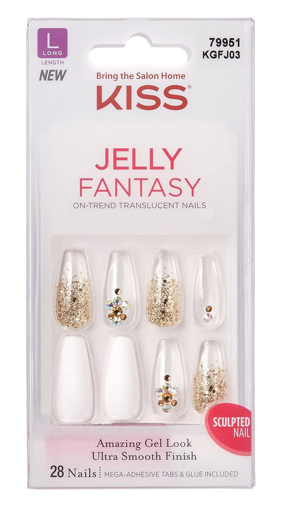 BL Kiss Jelly Fantasy 28 Contagem Branco/Dourado Glitter Comprimento Longo - Pacote de 3