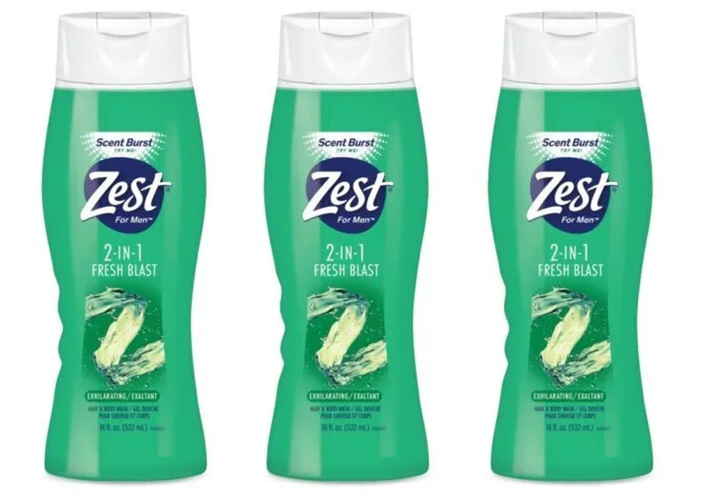 BL Zest For Men hius- ja vartalopesu 2-in-1 Fresh Blast 18 unssia - 3 kpl pakkaus