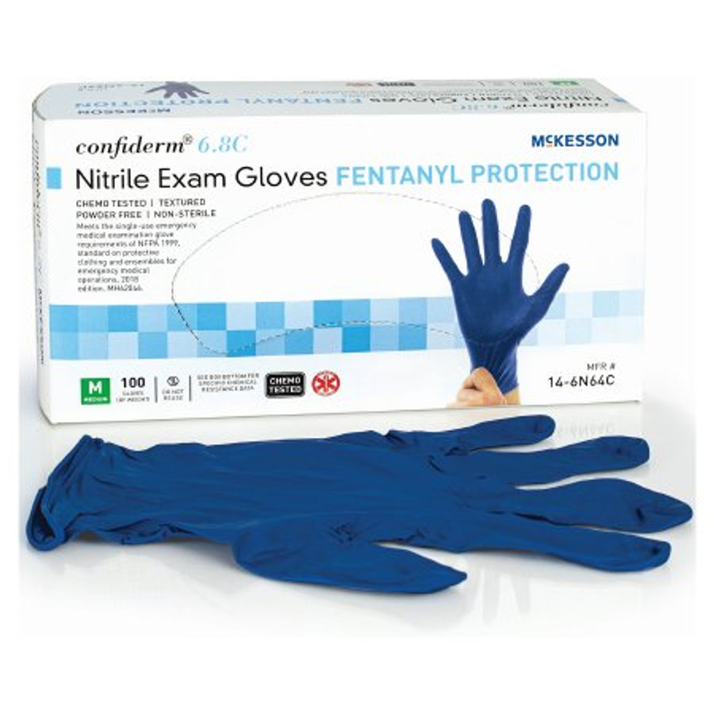 Luva de exame mckesson confiderm® 6.8c comprimento médio do punho padrão de nitrila não estéril pontas dos dedos texturizadas azul testada por quimio / fentanil testada
