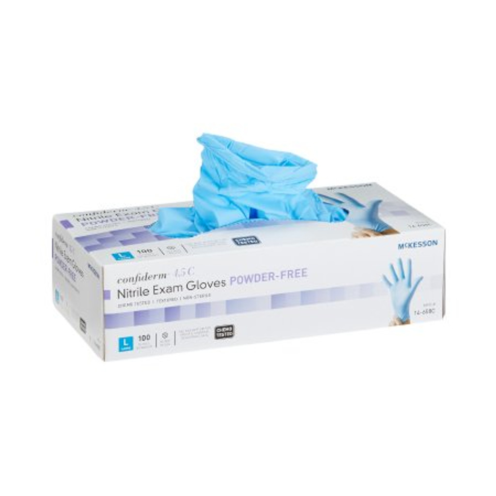 Eksamenshanske mckesson confiderm® 4.5c stor usteril nitril standard mansjettlengde teksturerte fingertuppene blå kjemo testet
