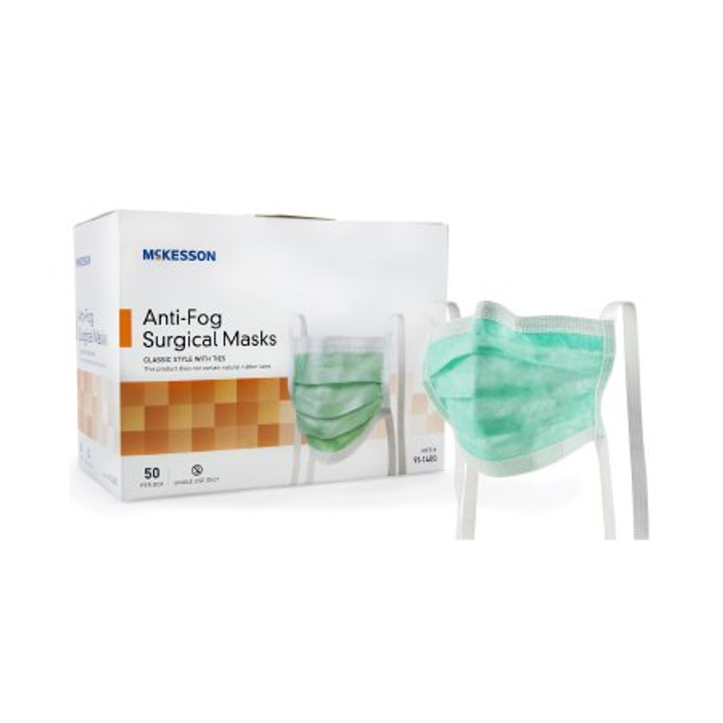 Chirurgisch masker McKesson Anticondens Geplooide striksluiting Eén maat Geschikt voor de meeste Groen Niet-steriel ASTM-niveau 1 Volwassene
