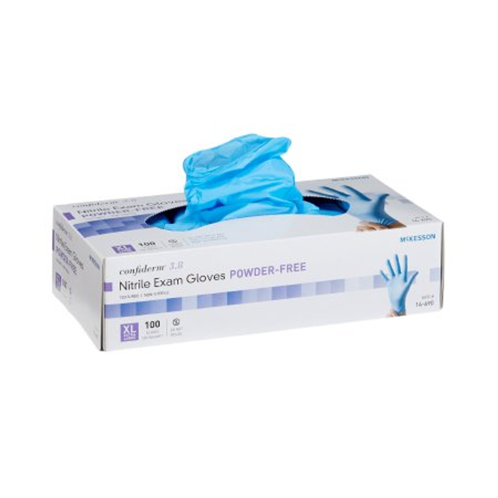 Guante de examen mckesson confiderm® 3.8 extragrande, nitrilo no estéril, longitud estándar del puño, yemas de los dedos texturizadas, azul, no clasificado
